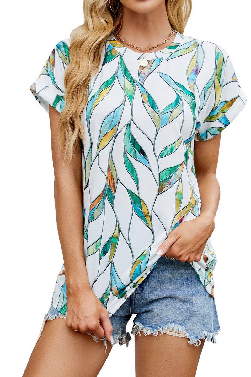 Cwtbls1742_Printed Crew Neck Loose Short Sleeve T-Shirt Top