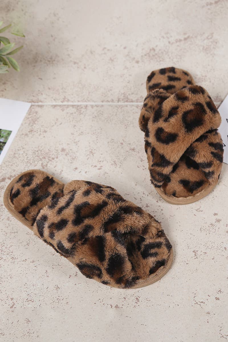 LEOPARD PATTERN CROSS FLUFFY HOME BEDROOM SLIPPERS