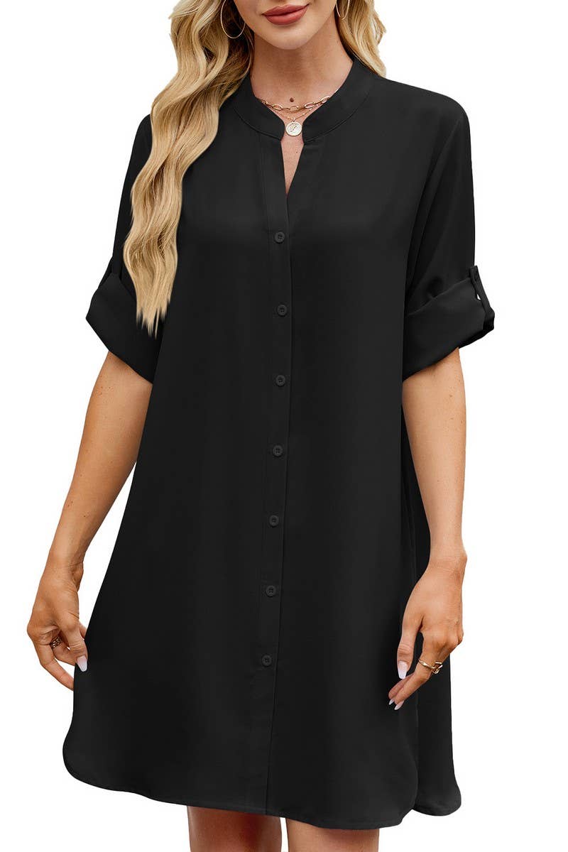CWDSD7290_SOLID COLOR V NECK BUTTON SHIRT DRESS