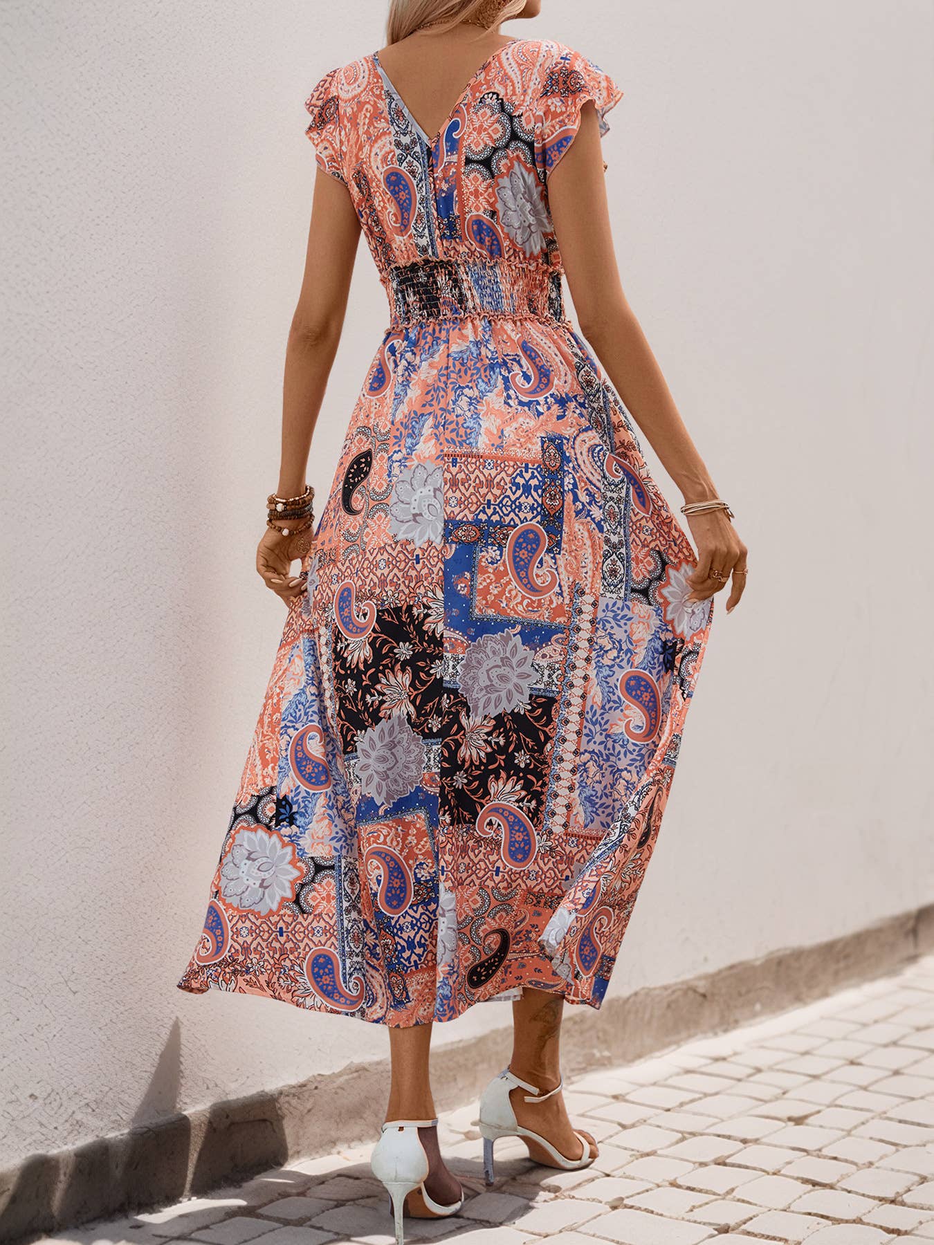 Paisley floral print flysleeve long swing dress