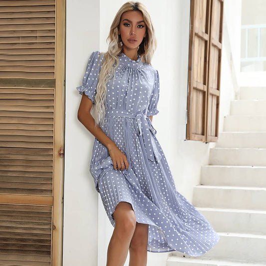 Polka dot lace-up pleated dress