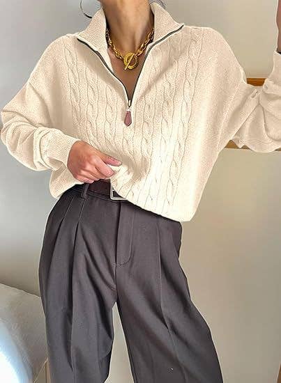 Semi-high neck zipper ribbed twist knit sweater