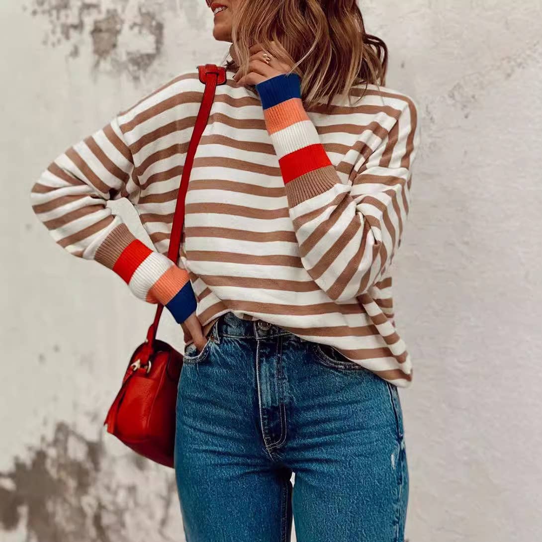 STRIPED TURTLENECK PULLOVER IN CONTRASTING COLORS