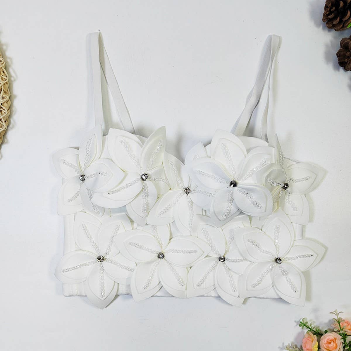 FLOWER BEADED HERRINGBONE BRA WITH PADS