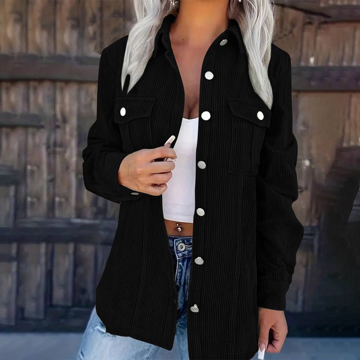 SOLID COLOR CORDUROY LAPEL LOOSE CASUAL COAT