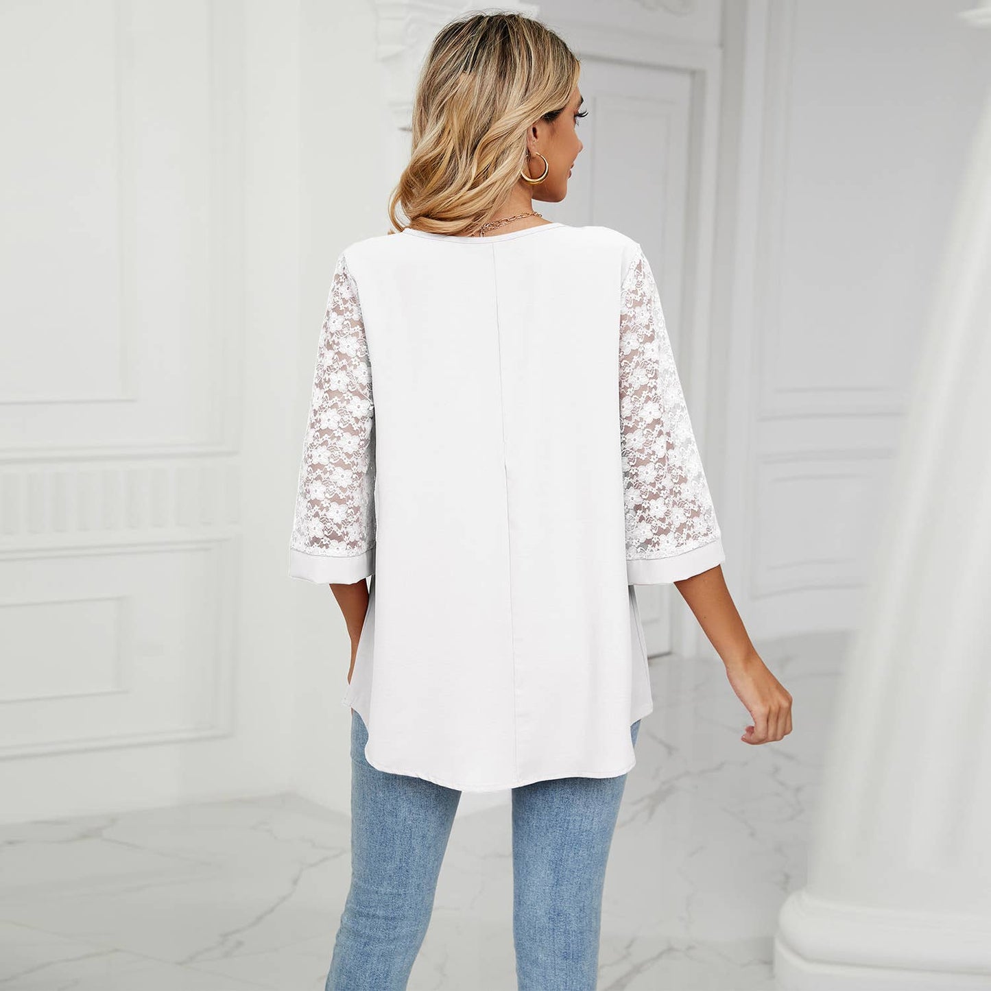 LACE HORN SLEEVE PATCHWORK CHIFFON BLOUSE
