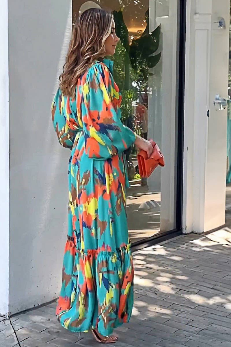 WOMENS LACE UP LONG SLEEVED PRINTED DRESS_CWDMD0714