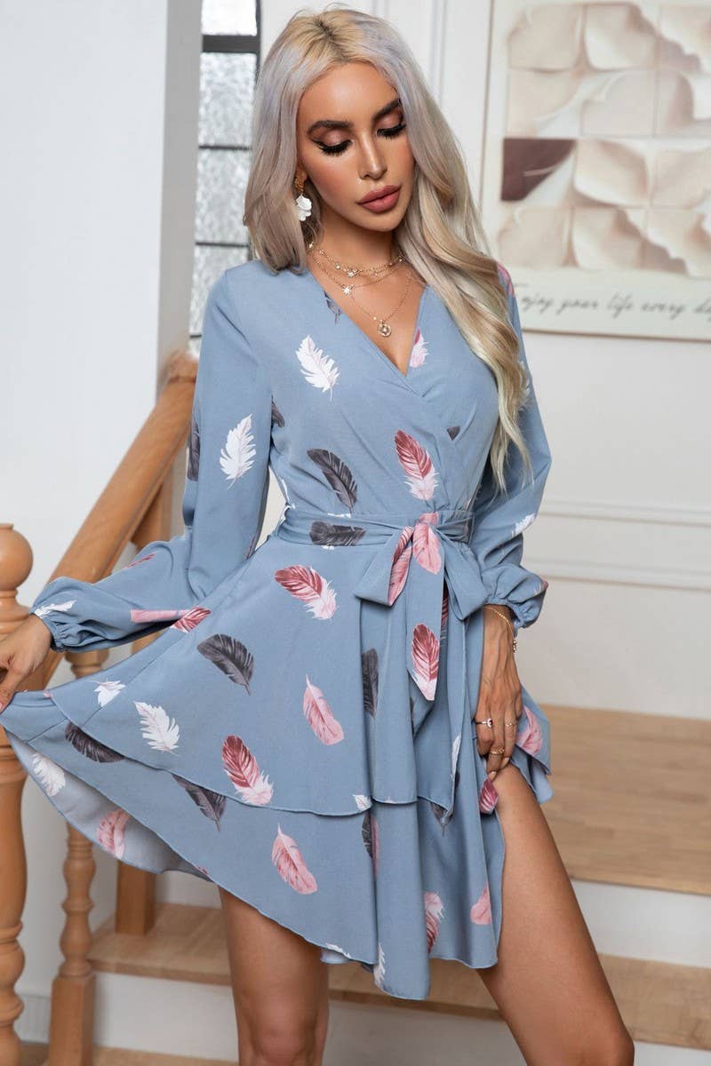 CWDSD2921_FEATHER PRINT  HEM RUFFLED LACE-UP MINI DRESS
