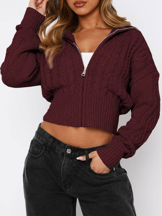 Simple zipper solid-color short knitted cardigan