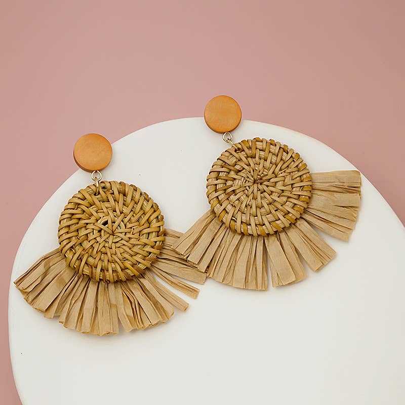 Hand-woven geometric rattan raffia earrings