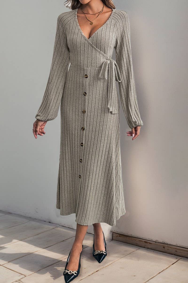 CWDMD4798_AUTUMN AND WINTER V-NECK A-LINE KNITTED MIDI DRESS