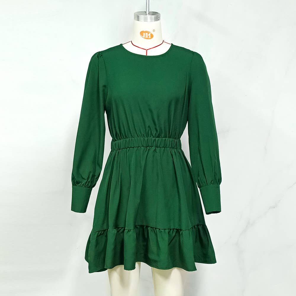 SOLID COLOR PINCHED WAIST LONG SLEEVE DRESS