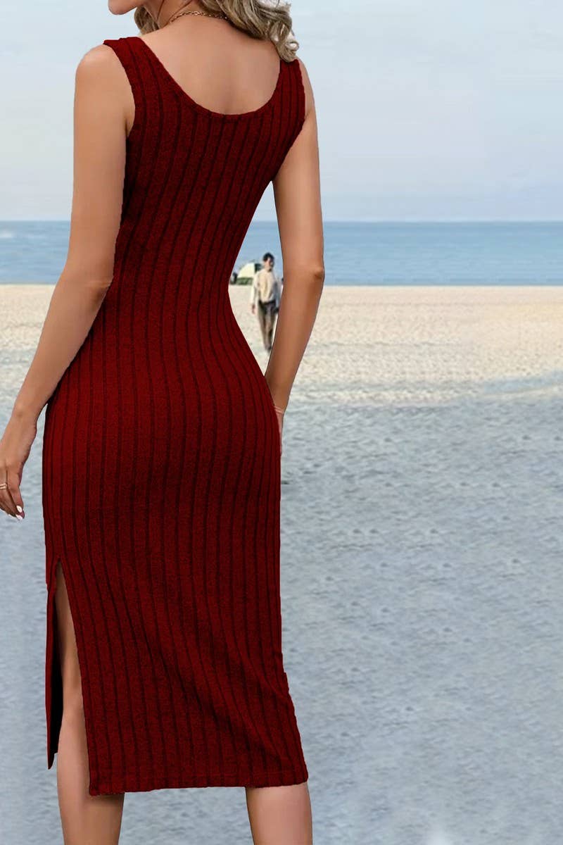 CWDSD6485_SOLID COLOR RIBBED SIDE SLIT SLIM DRESS