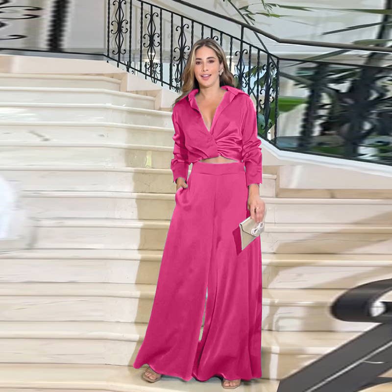 SEXY PLEATED LONG SLEEVE WIDE LEG PANTS SUIT