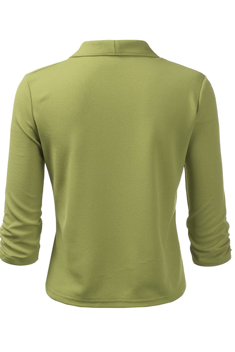 CWOBL091_Casual Work Ruched 3/4 Slv Open Front Blazer Jacket