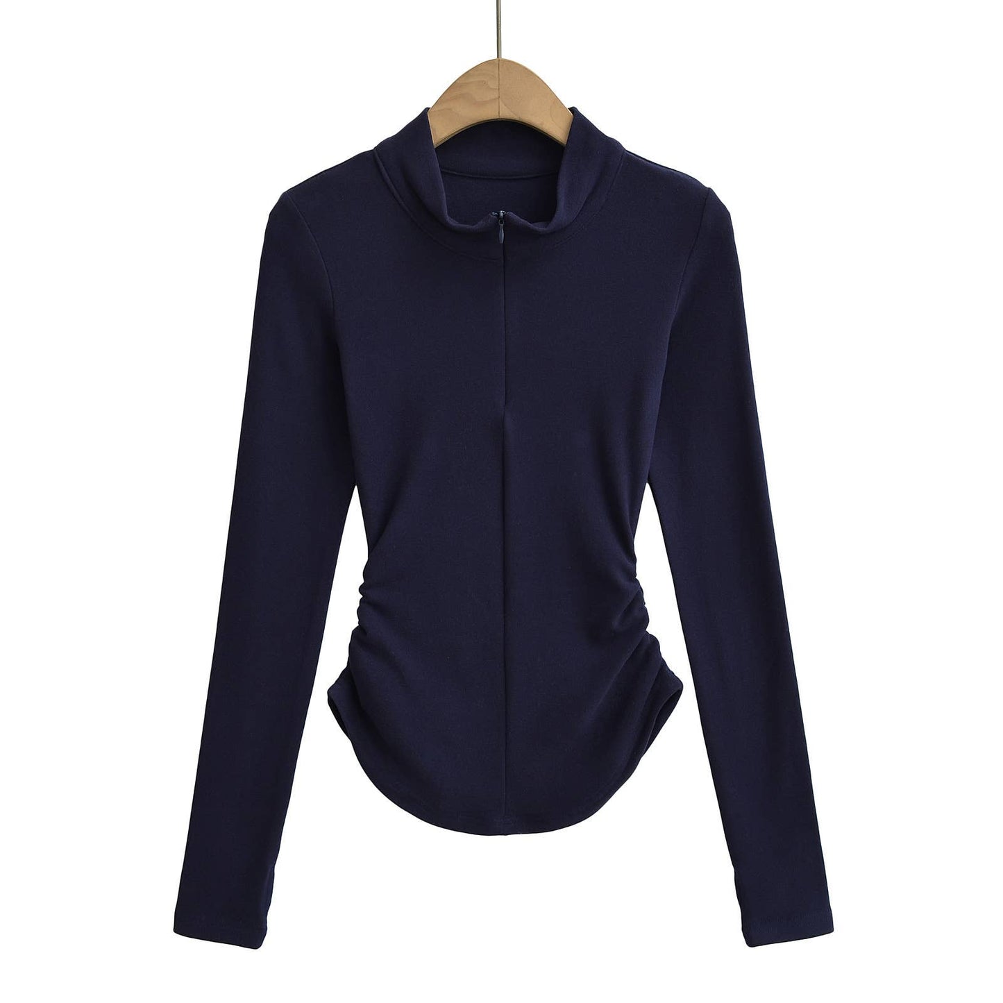 VELVET STAND COLLAR ZIPPER SOLID COLOR BASE SHIRT