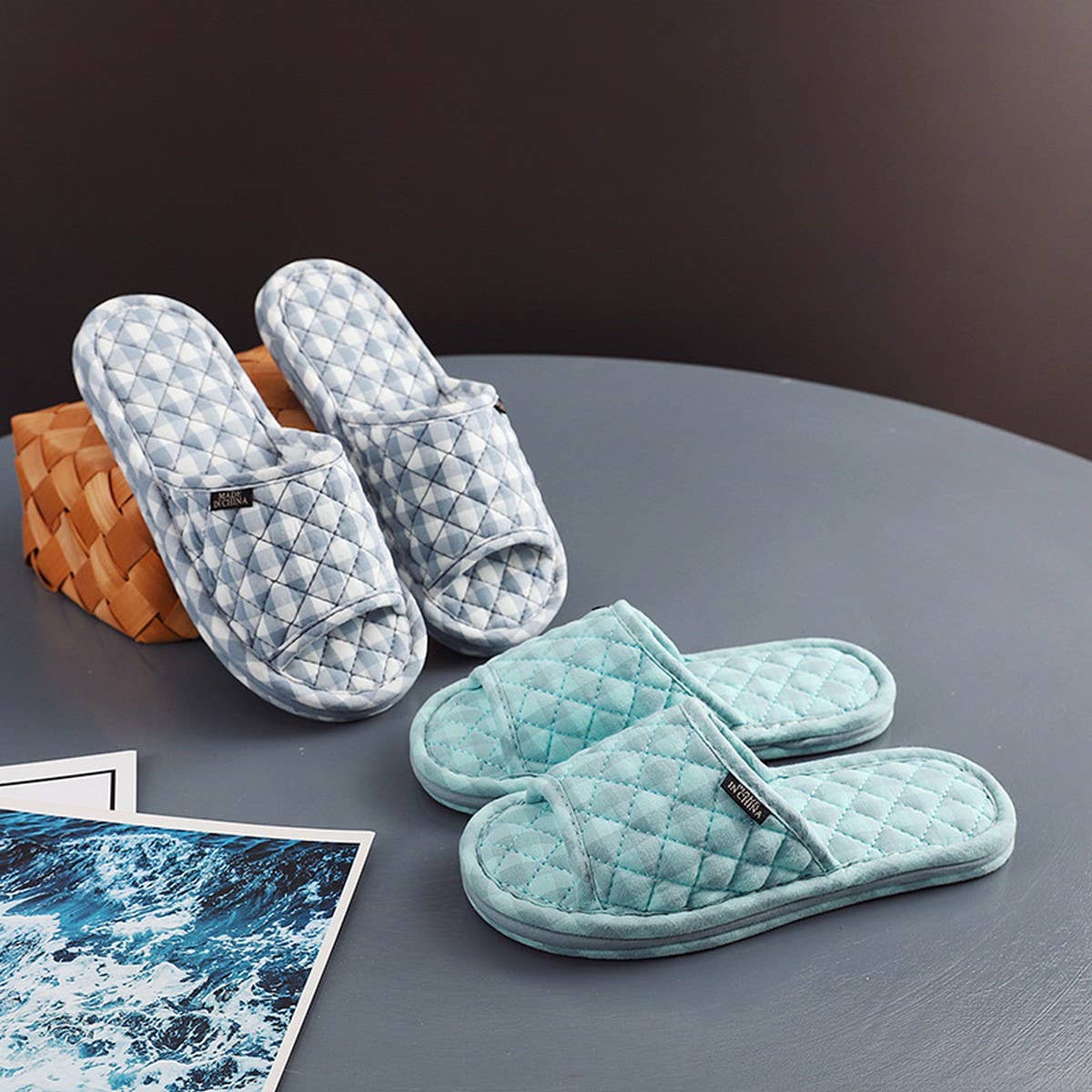Plaid Cotton Floor Slippers with Thick Fabric Sole_CWSHF0191