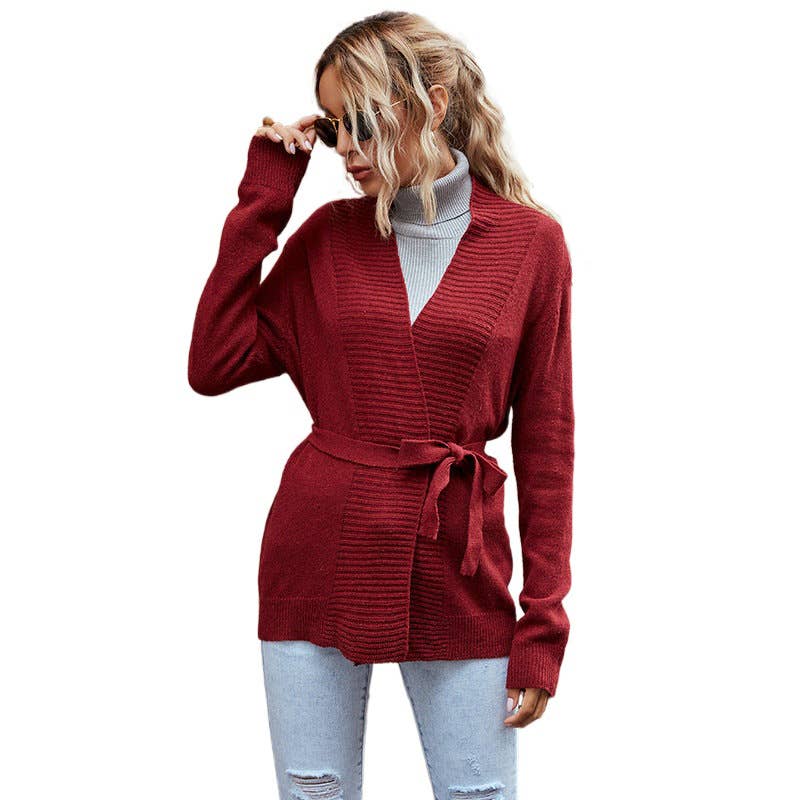 V-NECK LACE-UP WAIST NO BUTTON UP CARDIGAN