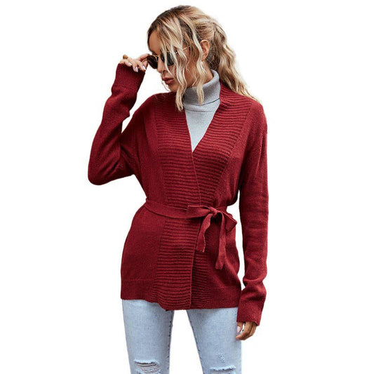 V-NECK LACE-UP WAIST NO BUTTON UP CARDIGAN