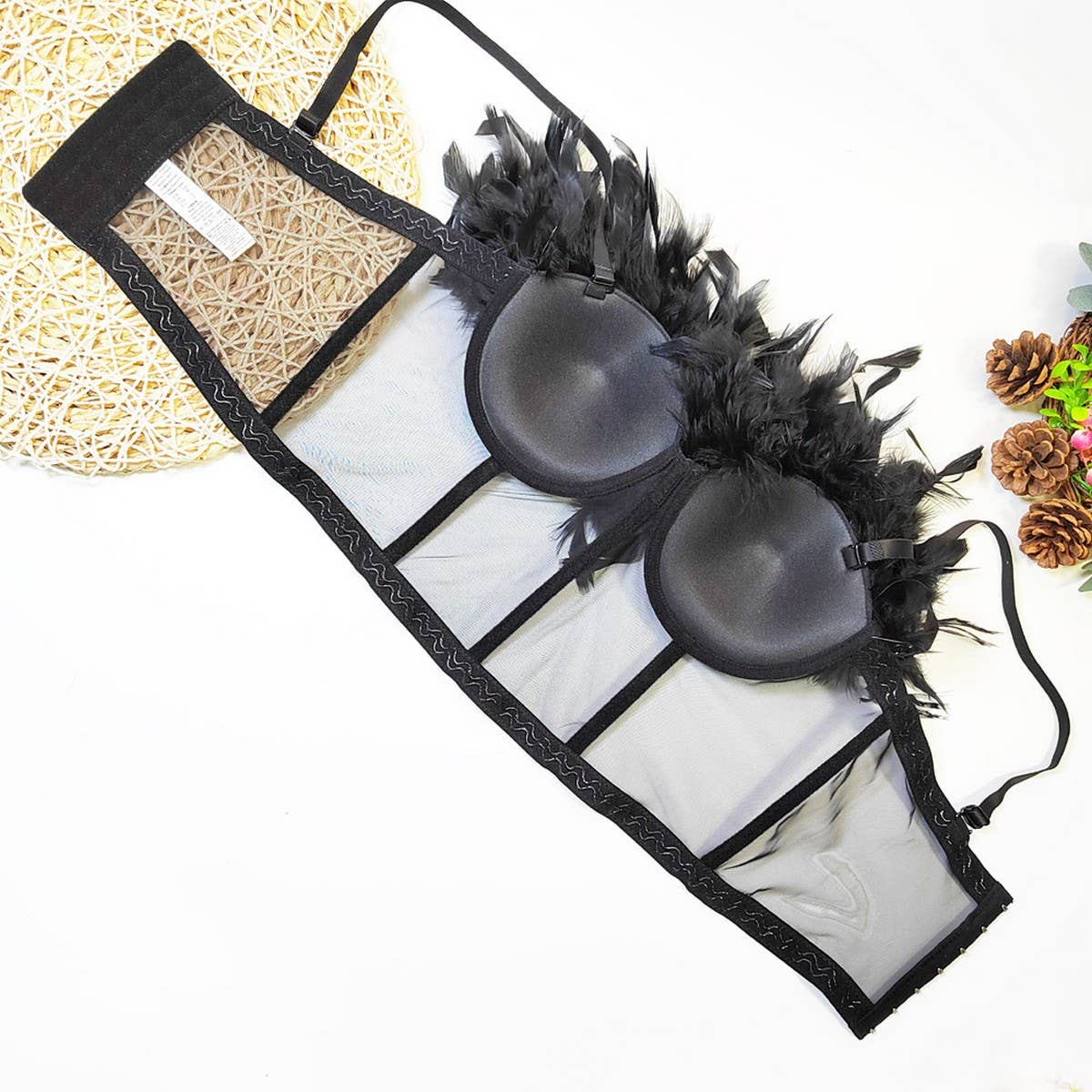 SEXY FEATHER SEE-THROUGH MESH HERRINGBONE CORSET