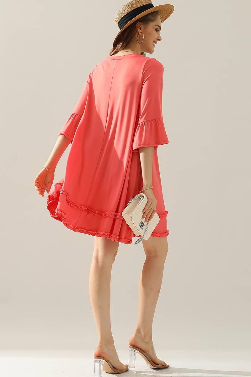 CWDSD10414_3/4 SLEEVE TIERED DRESS WITH SMALL RUFFLE DETAILS