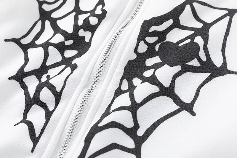 SPIDER WEB HEART ZIPPER FLEECE HOODED CARDIGAN