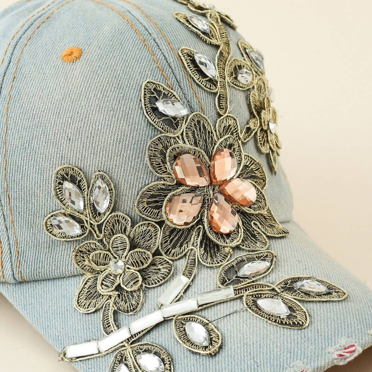 Diamond-Embellished Distressed Denim Baseball Cap CWAH1390