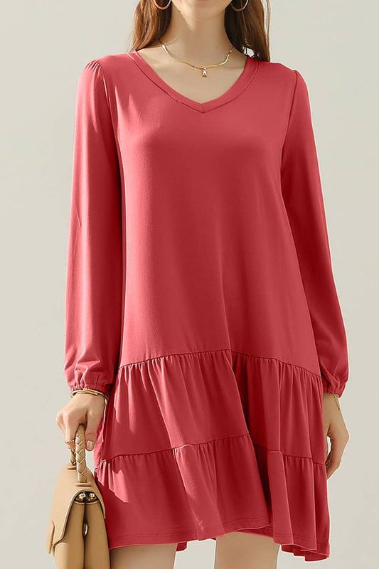 CWDSD10356_LONG SLEEVE SHIRRING LAYERED HEM MINI DRESS