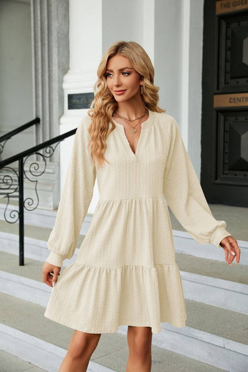 CWDSD6464_AUTUMN WINTER V-NECK LONG-SLEEVED DRESS SHORT