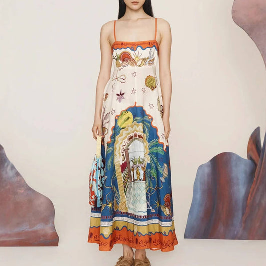 Sexy halter linen graffiti long swing dress