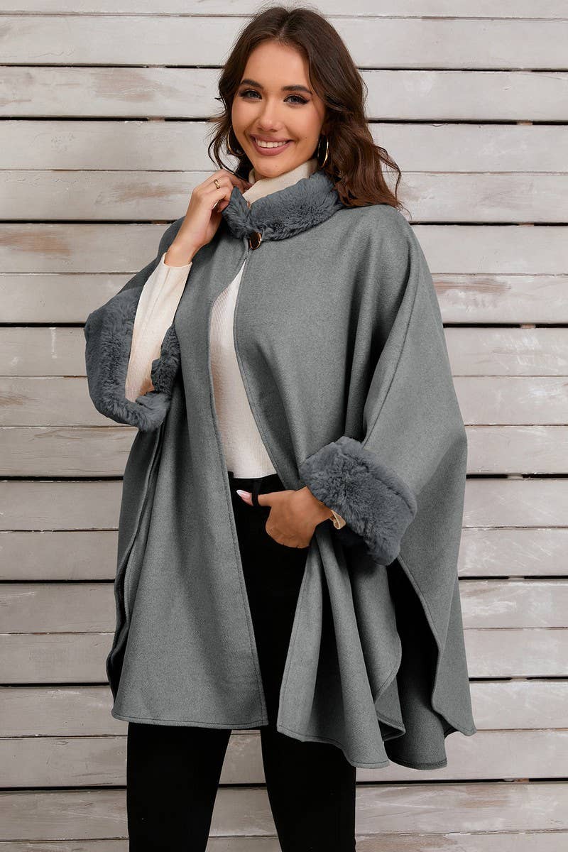 CWOCO0950_SOLID COLOR FUR COLLAR CAPE COAT