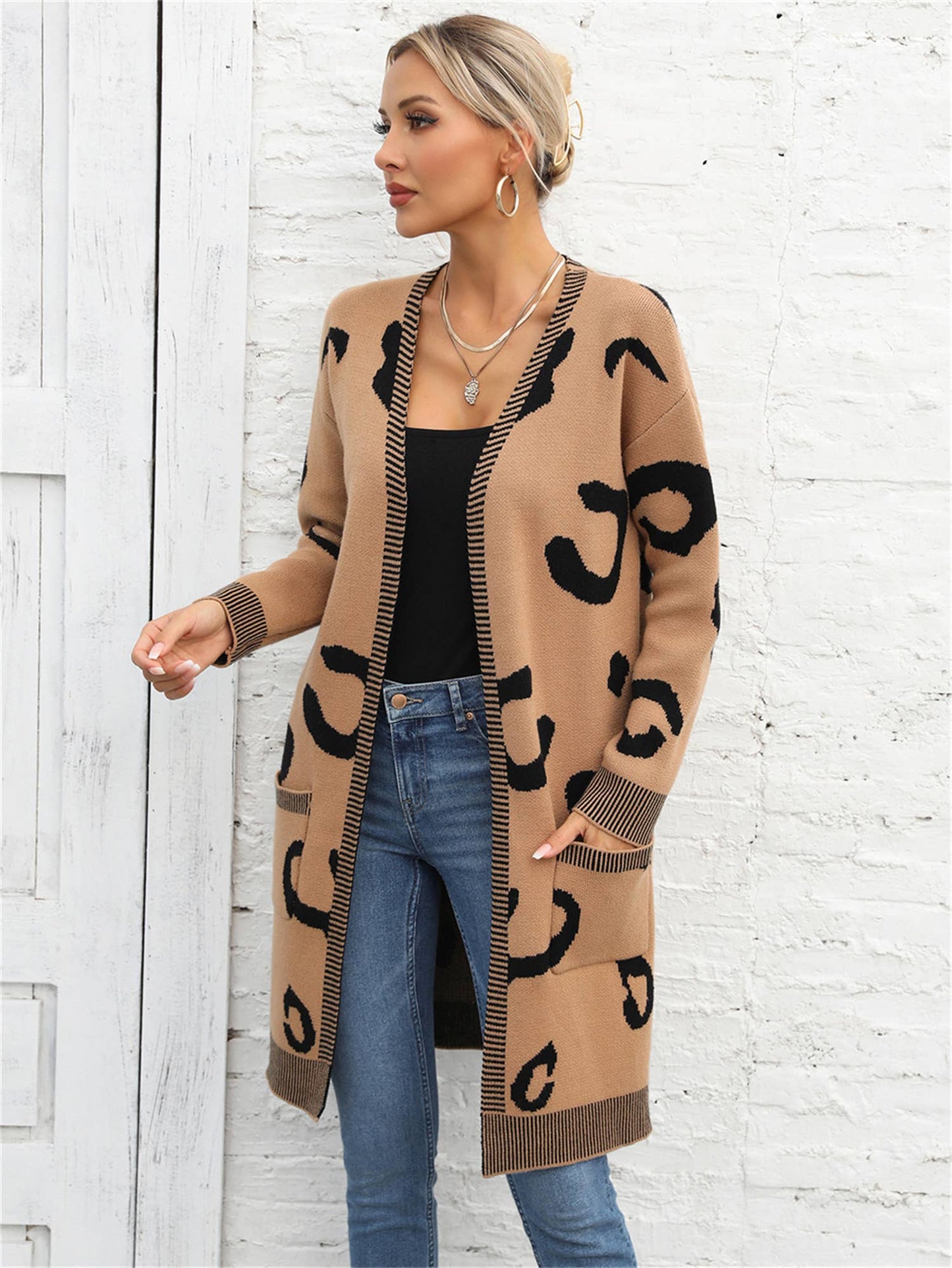 LEOPARD PRINT SWEATER LONG CARDIGAN FASHION COAT