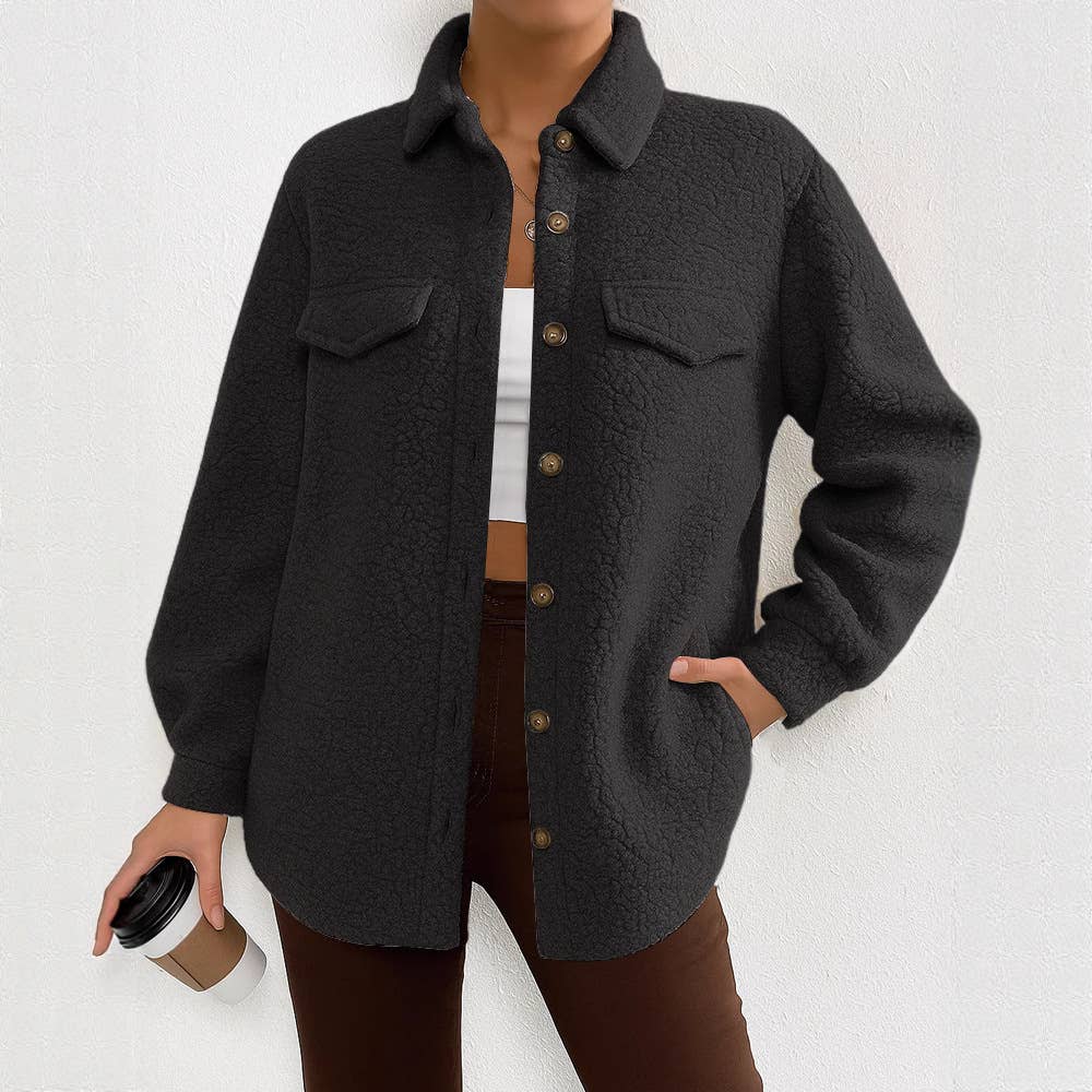 Solid-colored long-sleeved lapel fleece coat