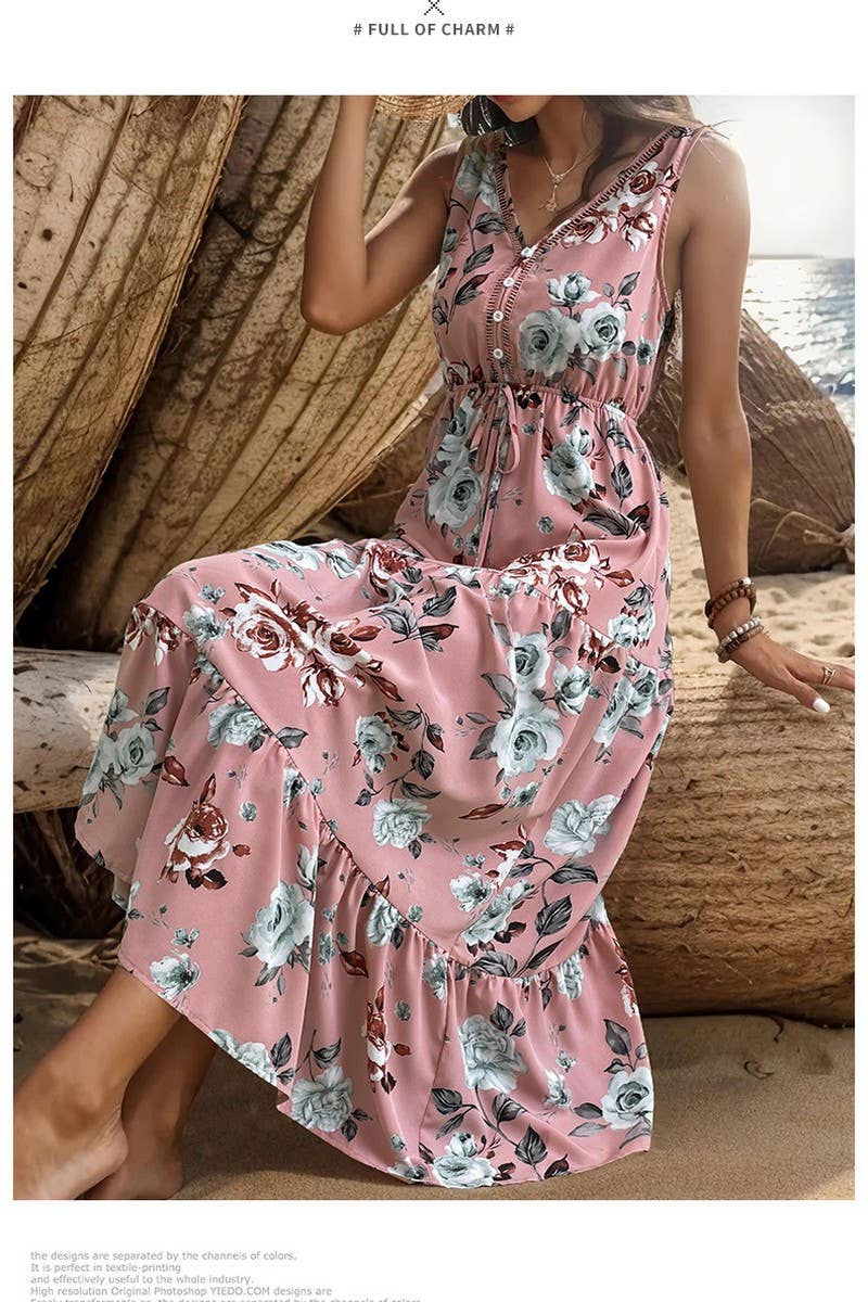CWDMD1872_V-NECK SLEEVELESS LAYERED PRINT MIDI DRESS