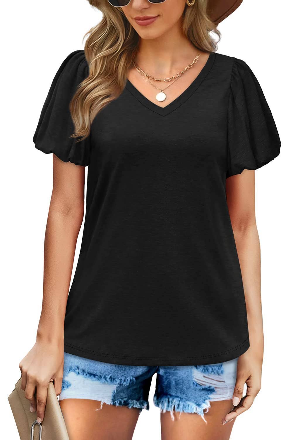 V-NECK LANTERN SLEEVE SOLID SHORT-SLEEVED TOP