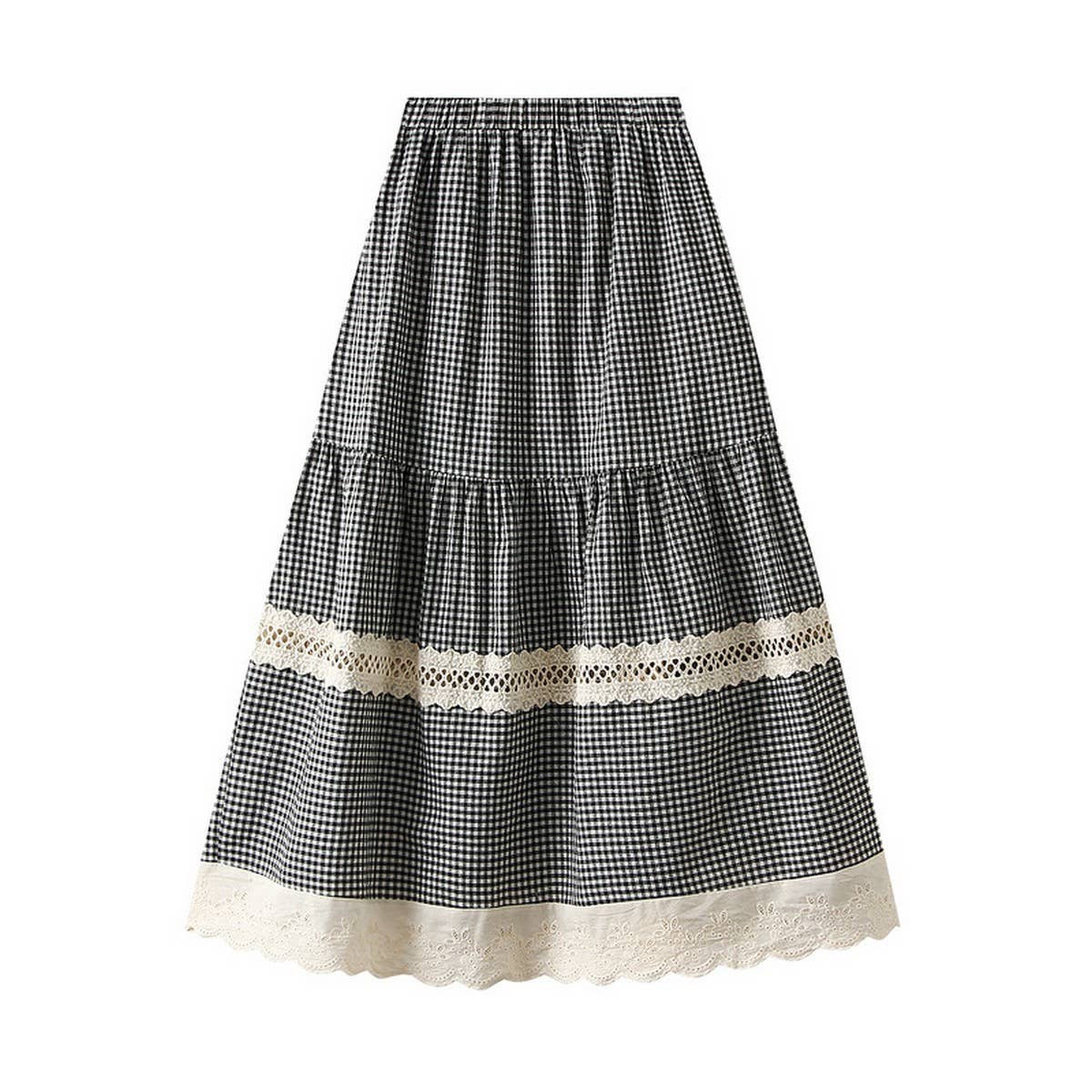 HOLLOW HOOK STITCHING PLAID SKIRT CAKE LONG SKIRT