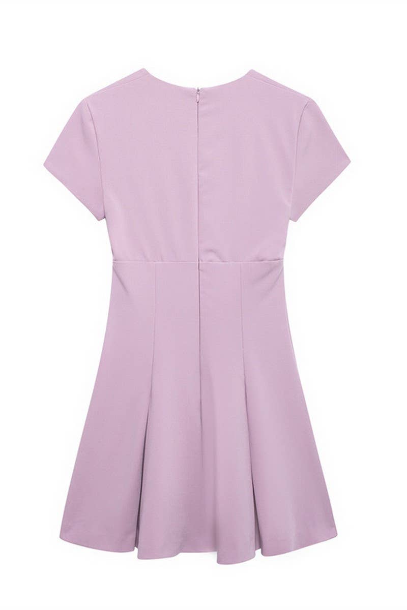 CWDSD6658_WIDE PLEATED V NECK SHORT ZIP-UP DRESS