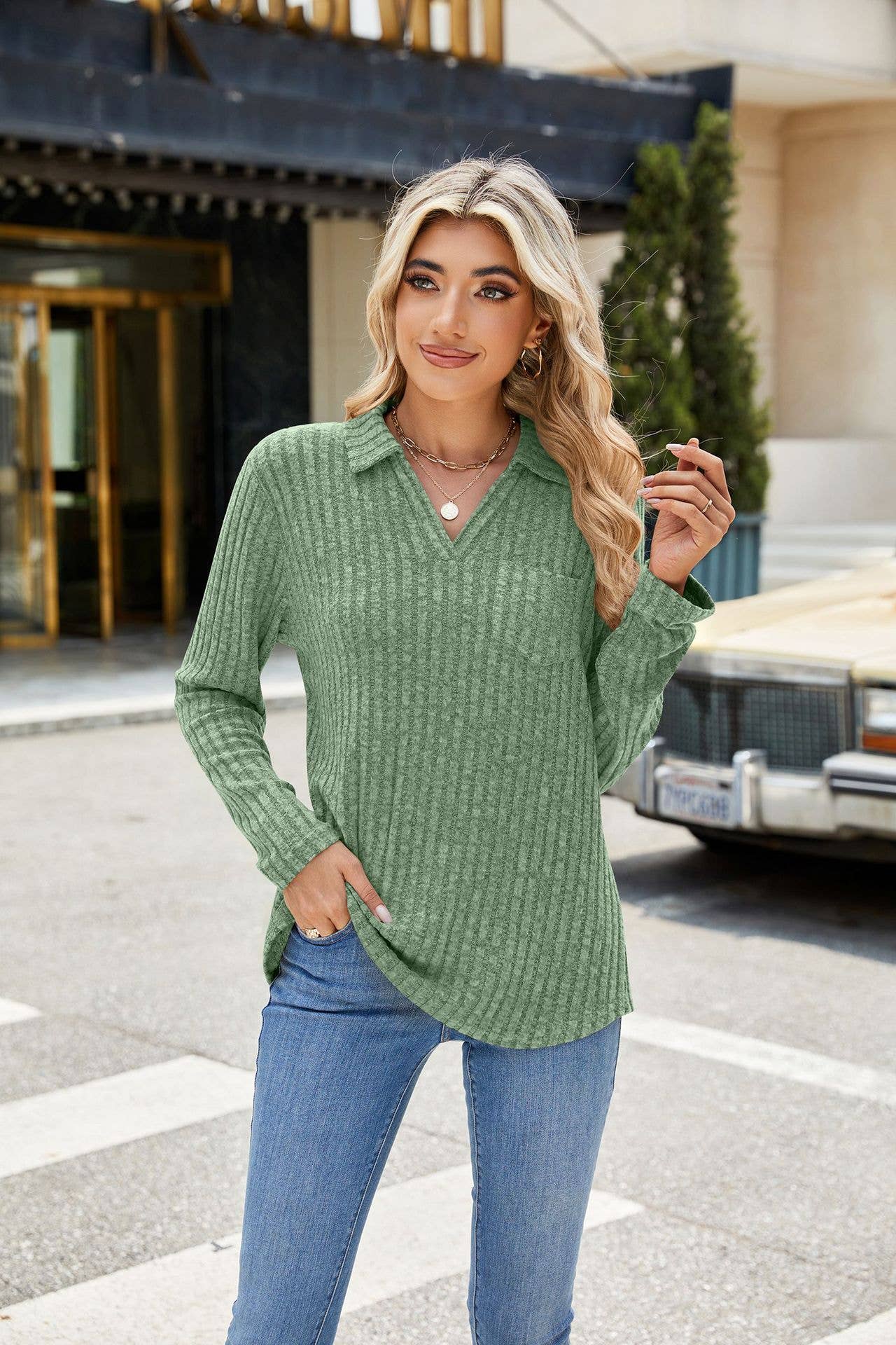 Solid color lapel pocket long sleeve loose T-shirt