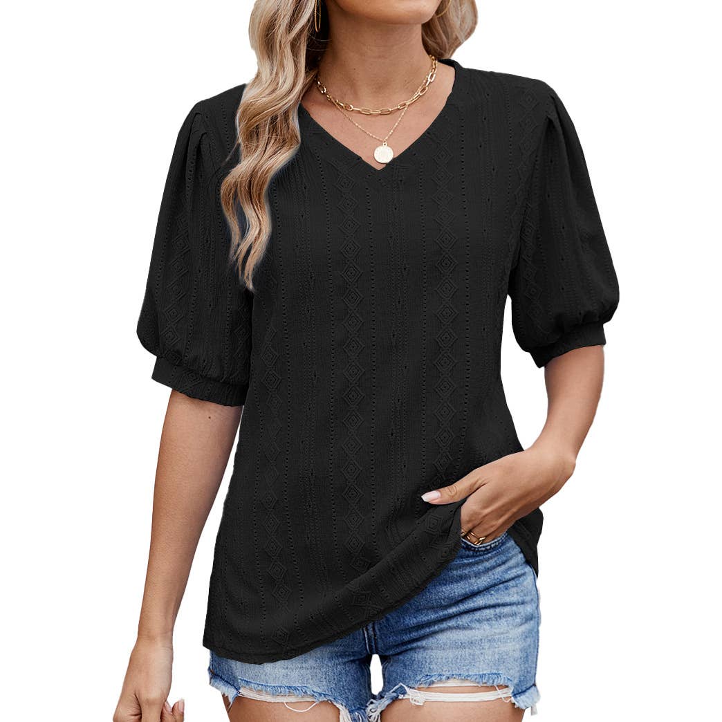 Solid color V-neck cutout puffy sleeve T-shirt