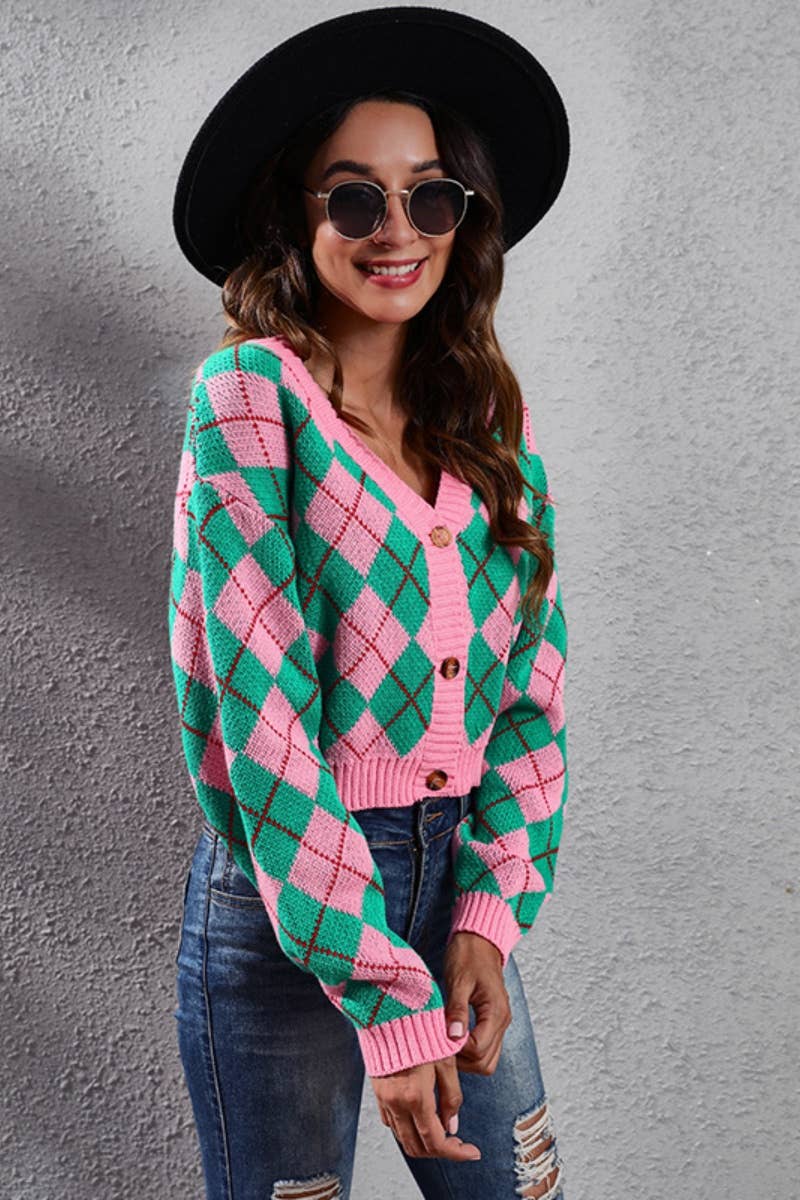 CWOCAL2048_DIAMOND CHECK LONG-SLEEVED CARDIGAN SWEATER