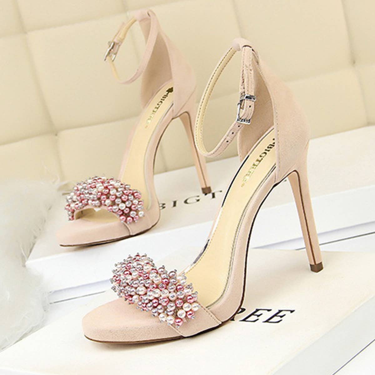 WOMEN SUEDE PEARL RHINESTONE HIGH HEELS