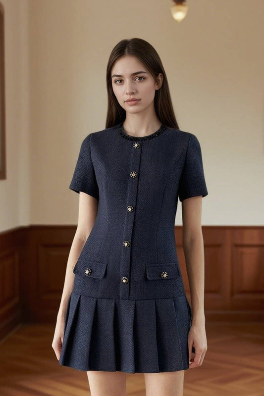 CWDSD8848_NAVY BLUE SHORT SLEEVE PLEATED DRESS
