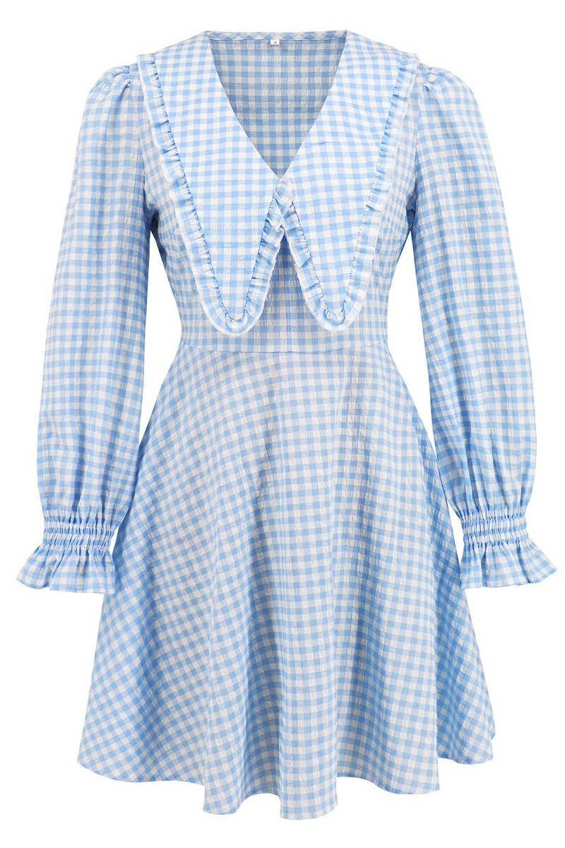 CWDSD6462_LARGE LAPEL WIDE HEM LONG SLEEVE PLAID DRESS