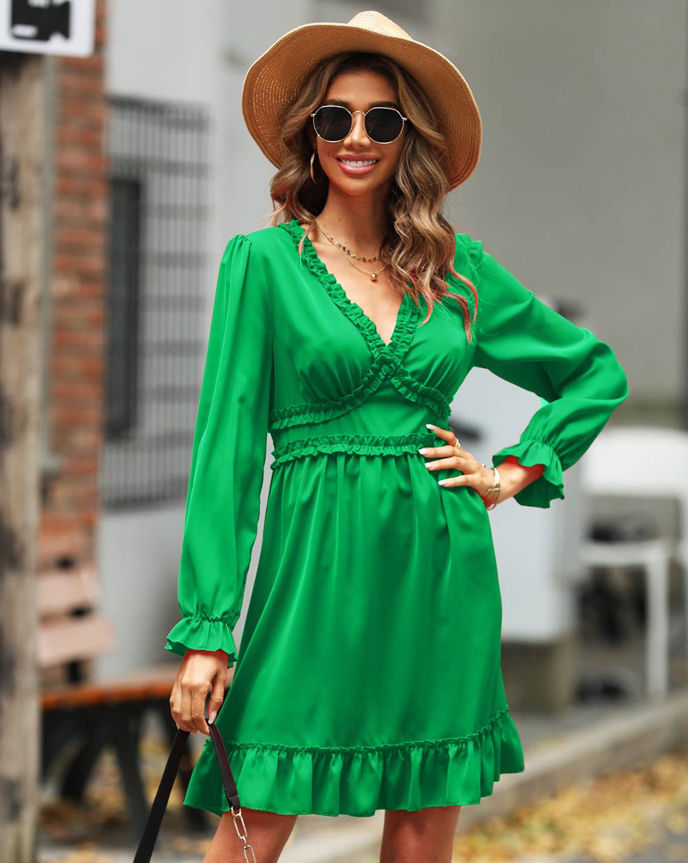 RUFFLED V-NECK HIGH-WAISTED LONG-SLEEVED DRESS