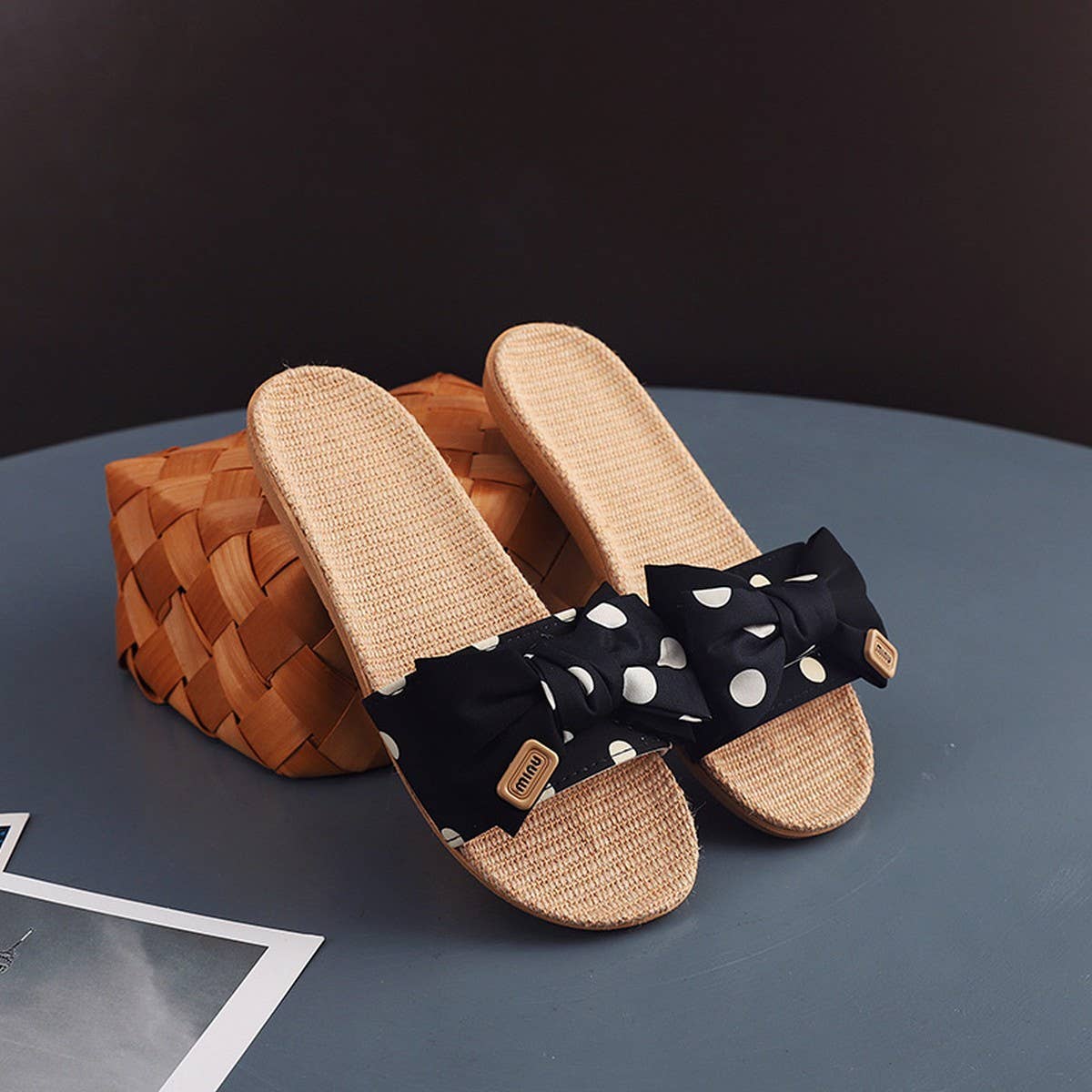 Polka Dot Linen Bow Slippers Soft Sole Non-Slip_CWSHF0185