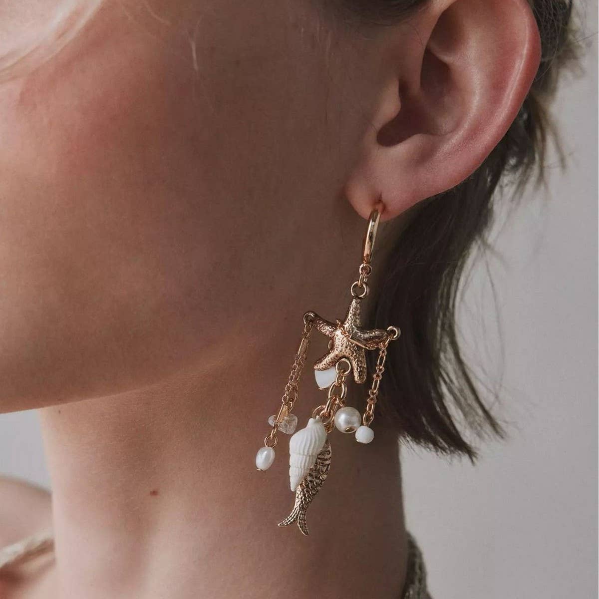 Ocean Series Starfish Conch Pearl Earrings_CWAJE5121