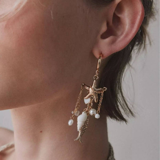 Ocean Series Starfish Conch Pearl Earrings_CWAJE5121