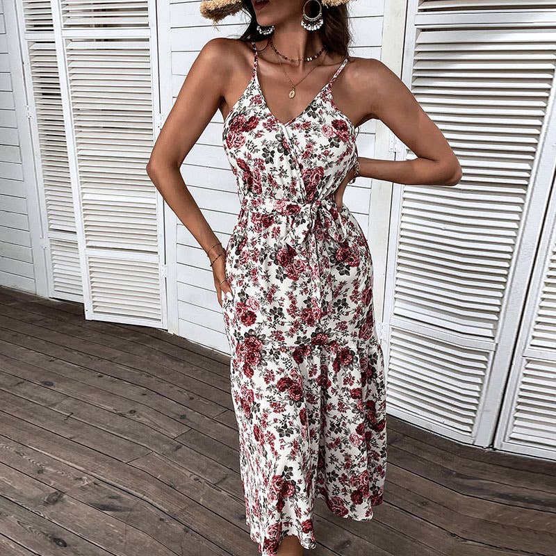 PRINT LACE-UP SEXY BEACH HALTER DRESS