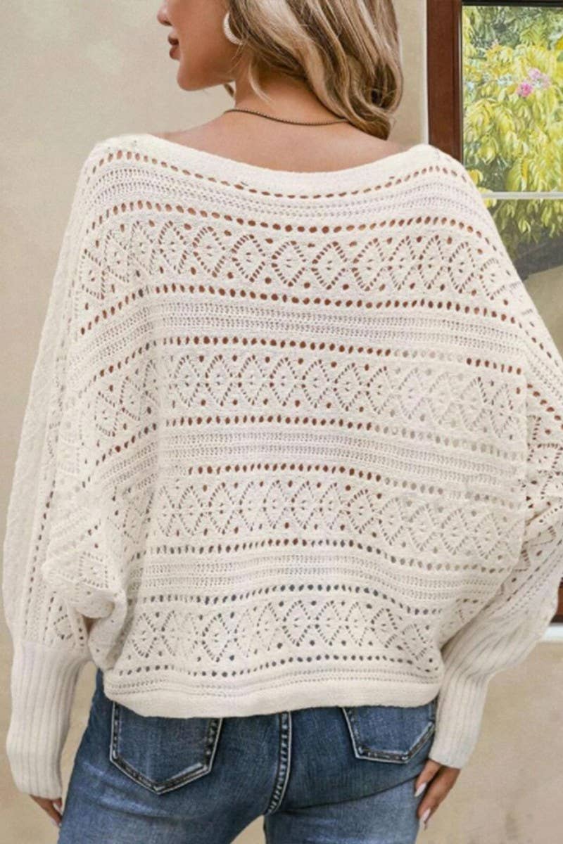 CWOSWL07628_CROCHET HOLLOW BATWING OFF SHOULDER SWEATER
