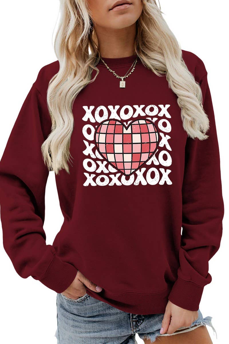 VALENTINE DAY XO PLAID HEART PRINT SWEATSHIRT_CWTSTL0981